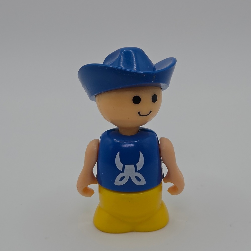 Vintage Fisher Price Little People Cowboy Figure Blue Hat Bull Graphic Yellow
